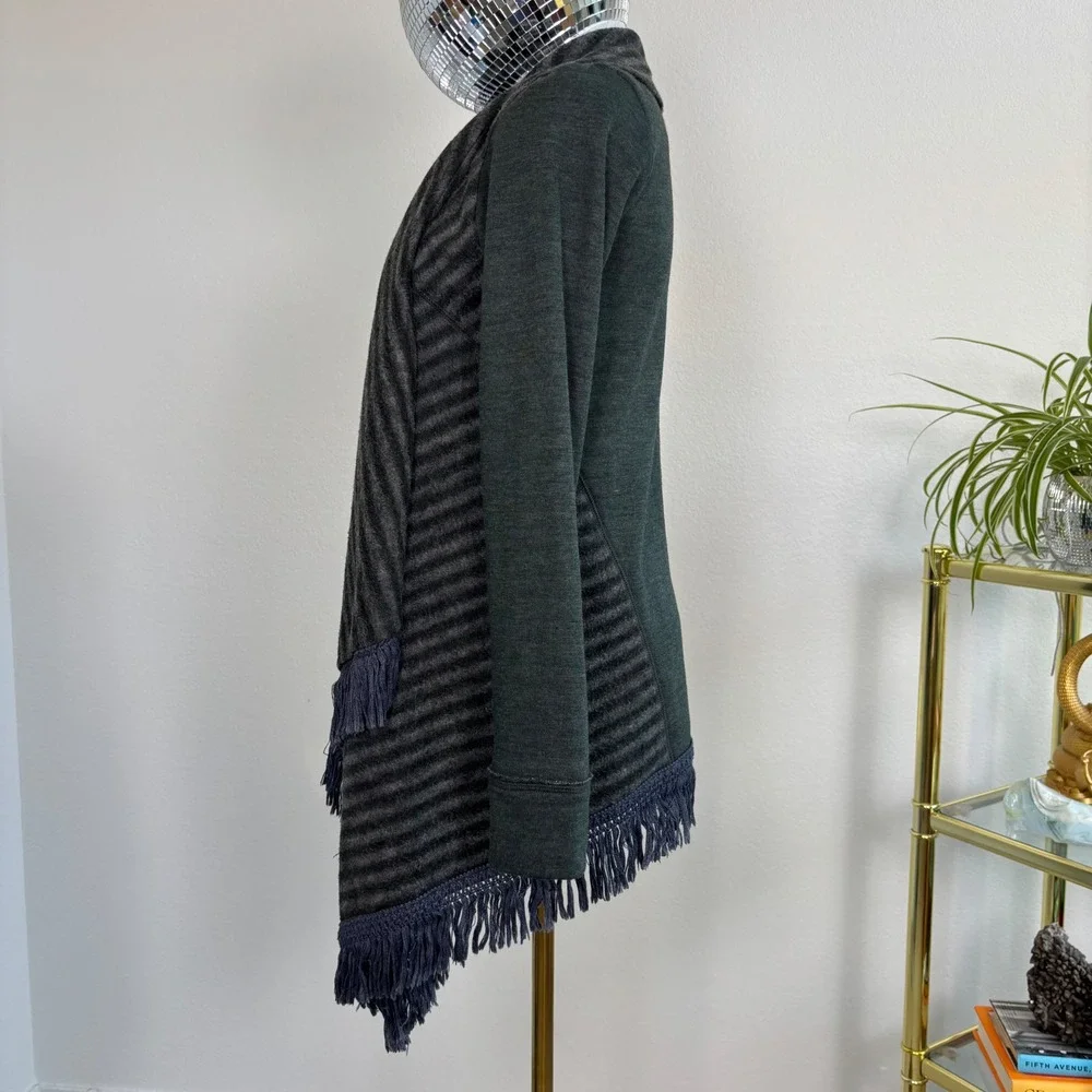 Anthropologie Saturday Sunday Green Striped Fringe Open Front Cardigan XS